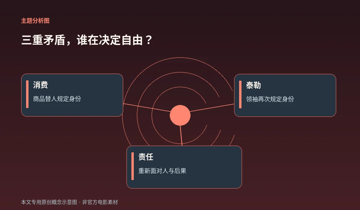 电影中消费、泰勒和责任三个层面的中文主题示意图